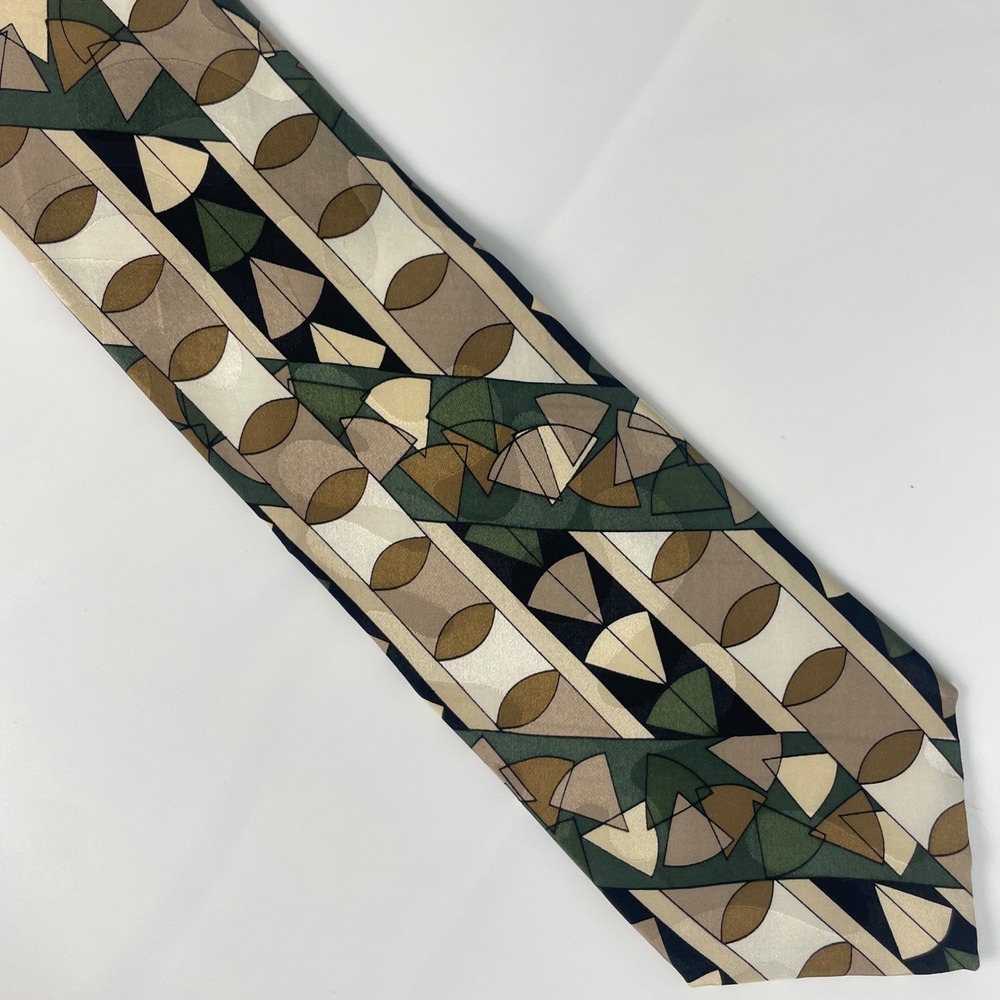 Vintage 90s Silk Tie Abstract Bachrach Screenplay by Martin Wong Geometric Olive - Picture 12 of 12